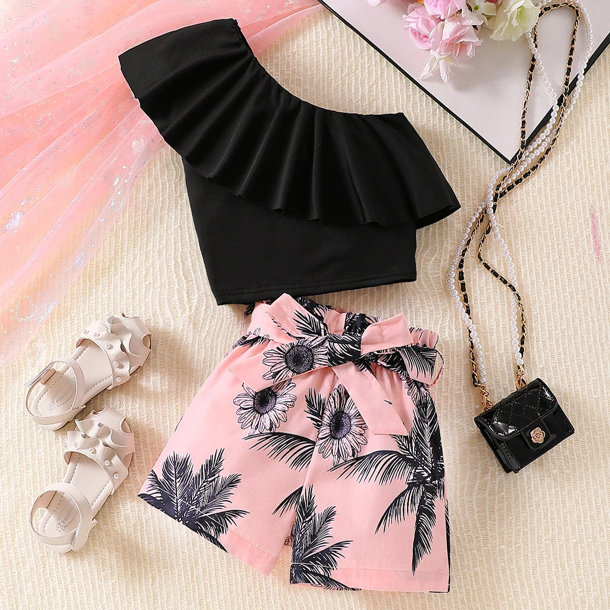 2PCS Girls Summer Off-Shoulder Top & Floral Shorts Set