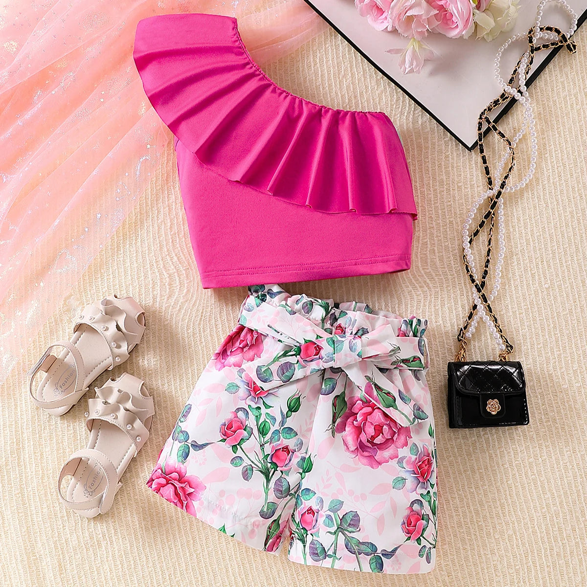 2PCS Girls Summer Off-Shoulder Top & Floral Shorts Set