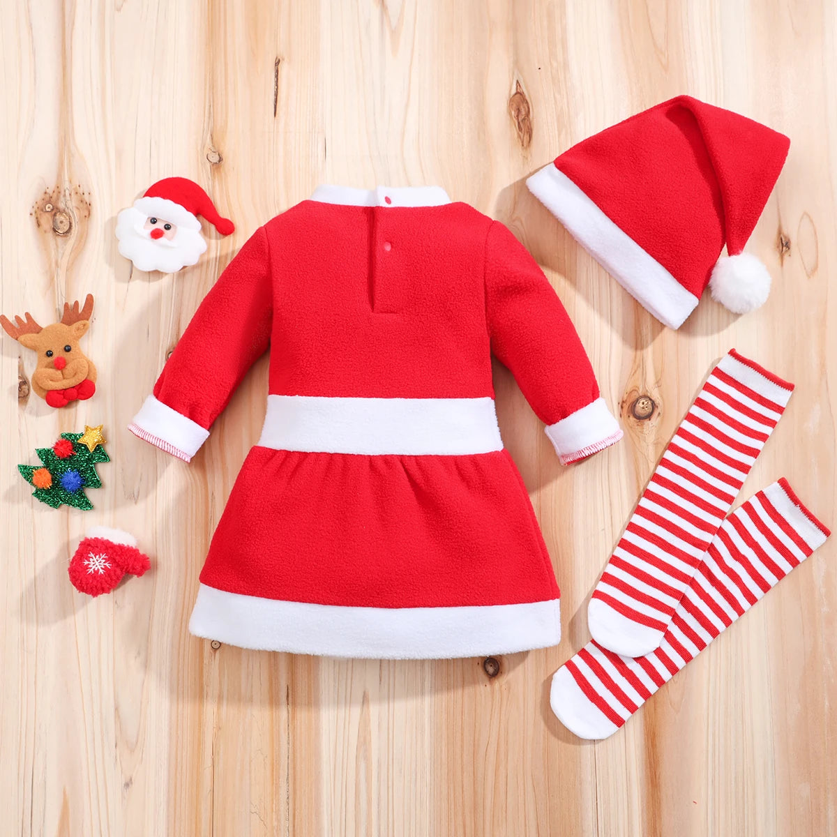 back details of red santa dress outfit set displayed