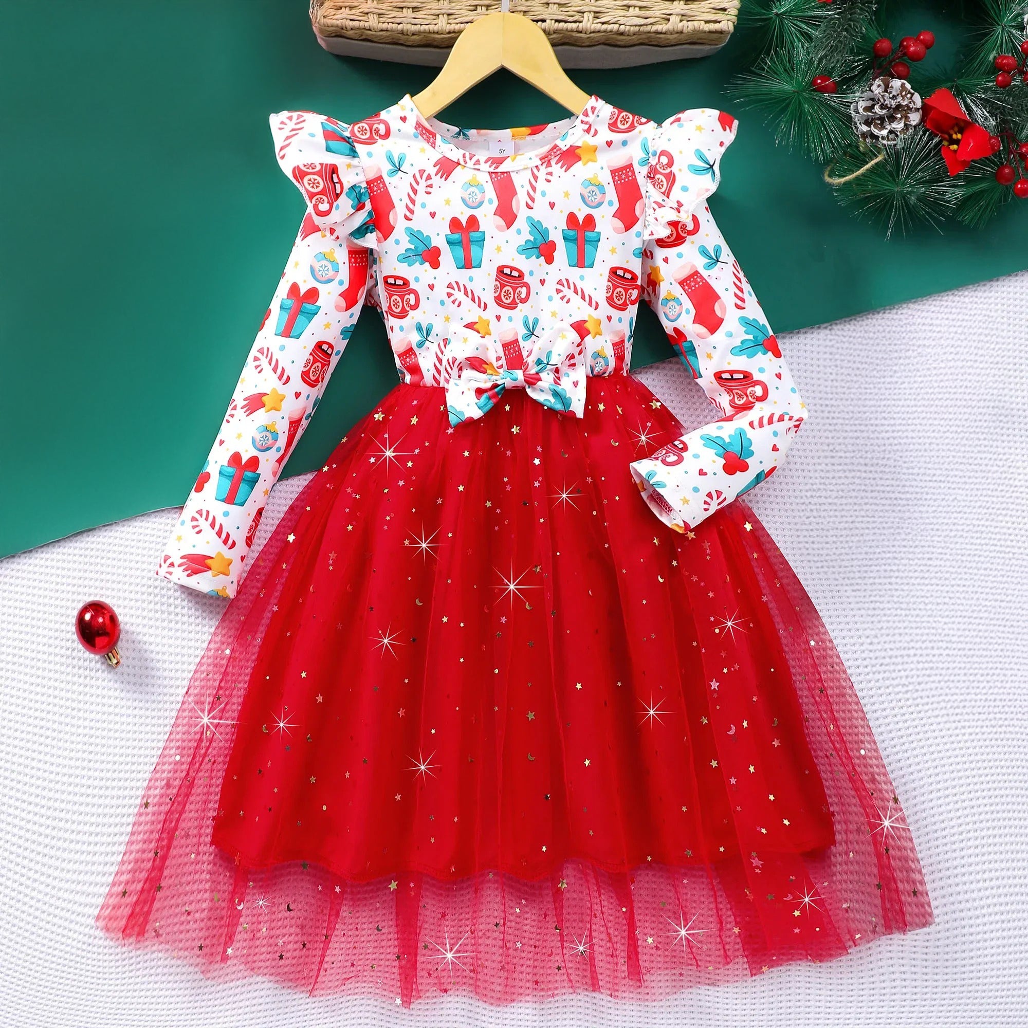 Girls A-Line Long Sleeve Christmas Bow Dress