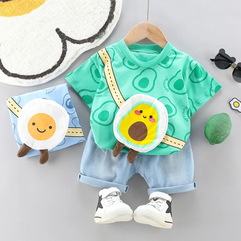 Toddler Boys & Girls Summer Outfit – Printed Tee with Cartoon Bag & Denim Shorts
