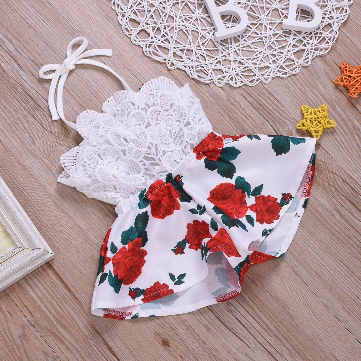 Newborn Baby Girl Summer Outfit – Sleeveless Lace Romper, Floral Print One-Piece Jumpsuit