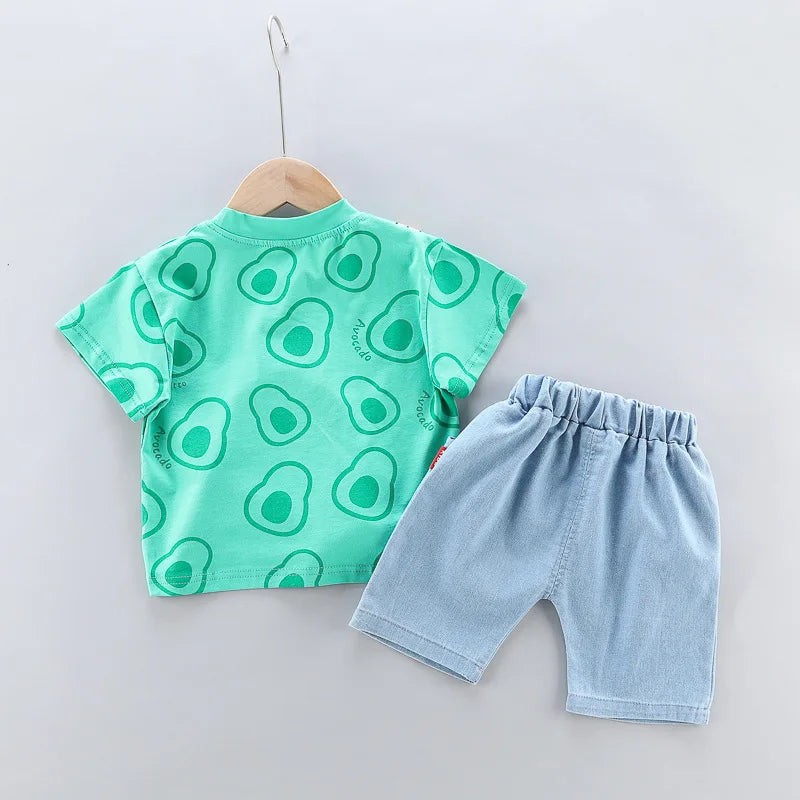 Toddler Boys & Girls Summer Outfit – Printed Tee with Cartoon Bag & Denim Shorts