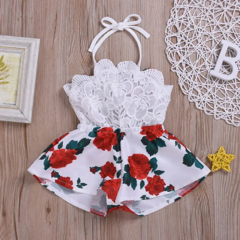 Newborn Baby Girl Summer Outfit – Sleeveless Lace Romper, Floral Print One-Piece Jumpsuit