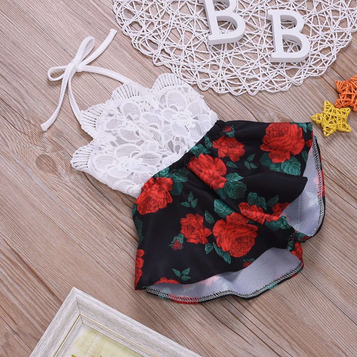 Newborn Baby Girl Summer Outfit – Sleeveless Lace Romper, Floral Print One-Piece Jumpsuit