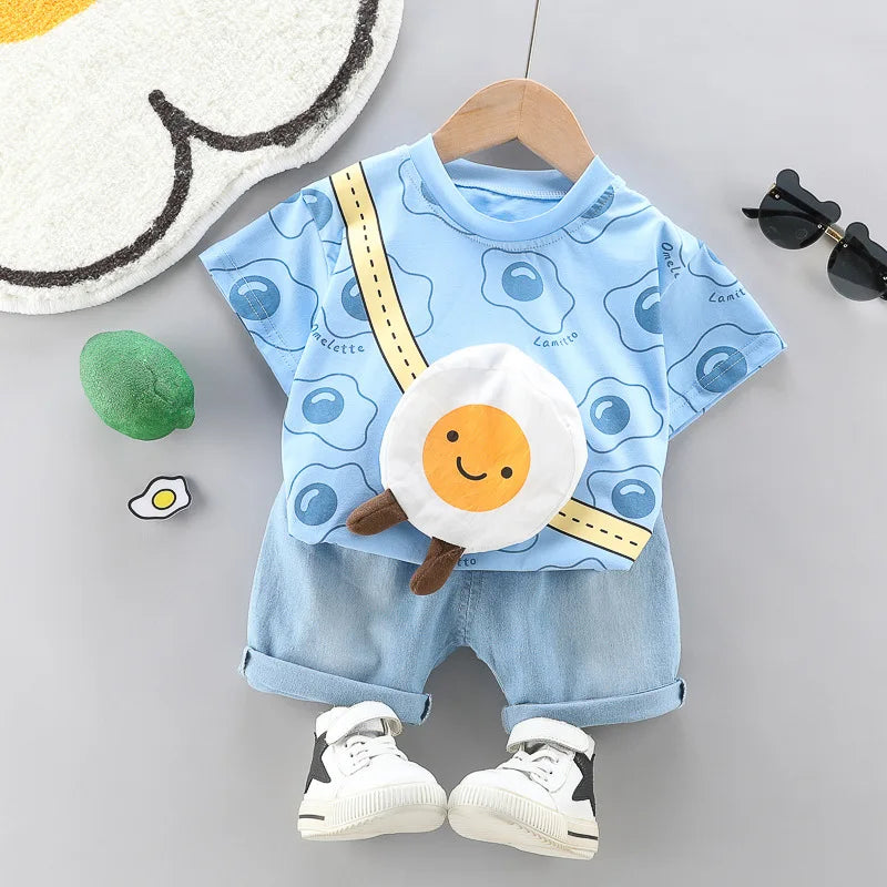 Toddler Boys & Girls Summer Outfit – Printed Tee with Cartoon Bag & Denim Shorts