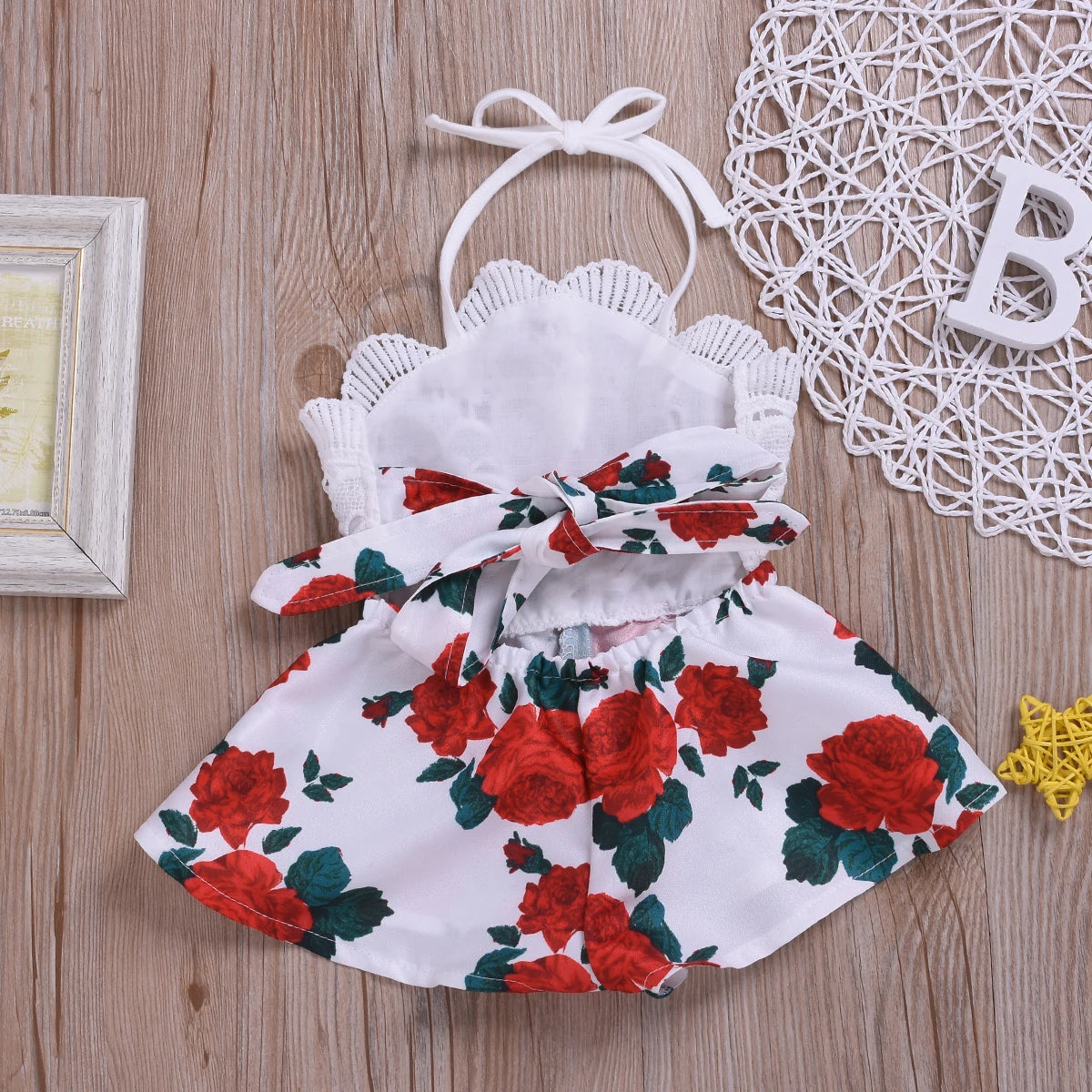 Newborn Baby Girl Summer Outfit – Sleeveless Lace Romper, Floral Print One-Piece Jumpsuit