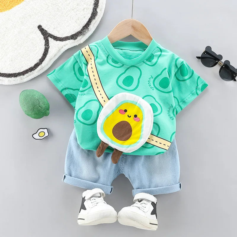 Toddler Boys & Girls Summer Outfit – Printed Tee with Cartoon Bag & Denim Shorts