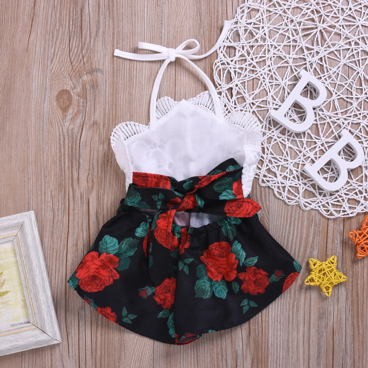 Newborn Baby Girl Summer Outfit – Sleeveless Lace Romper, Floral Print One-Piece Jumpsuit