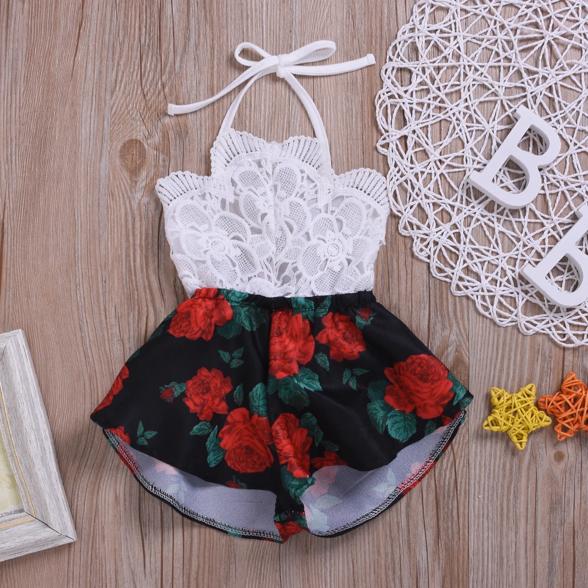 Newborn Baby Girl Summer Outfit – Sleeveless Lace Romper, Floral Print One-Piece Jumpsuit