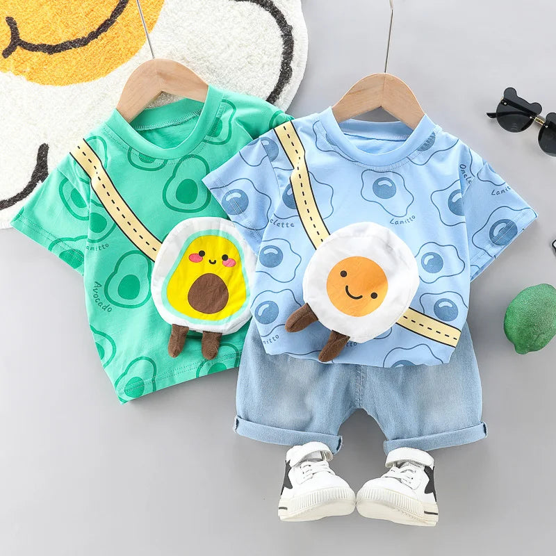 Toddler Boys & Girls Summer Outfit – Printed Tee with Cartoon Bag & Denim Shorts