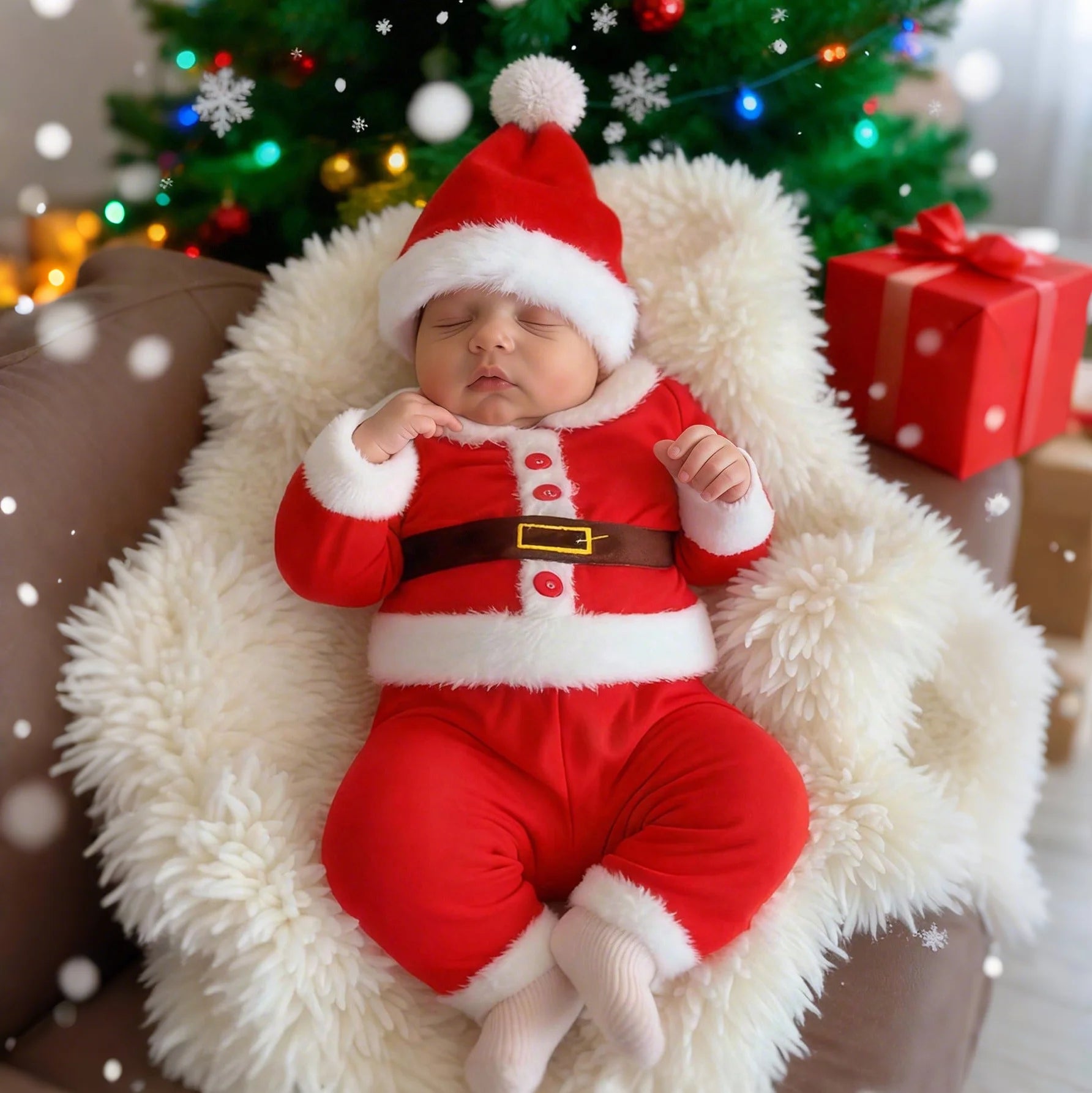 newborn baby wearing red christmas outfit and hat on soft white blanket