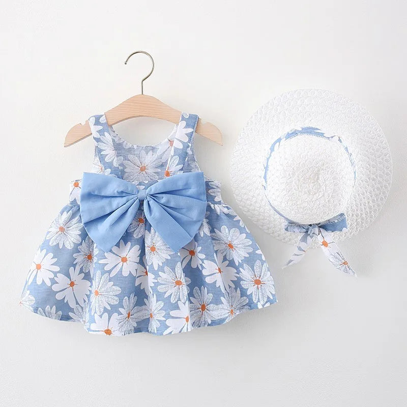 Small Daisy Print Bow Strap Dress with hat