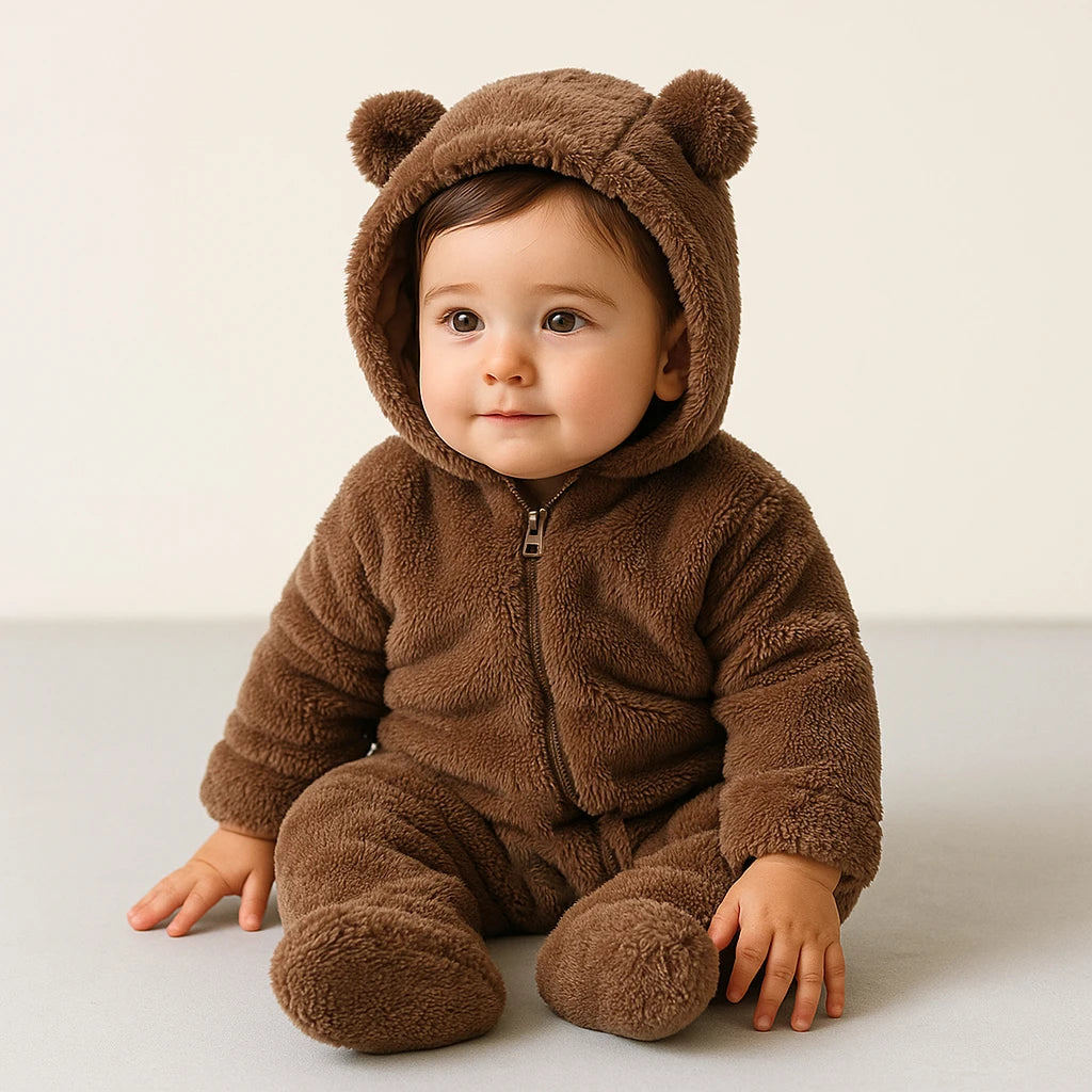 0-12M Fleece Baby Romper Hooded Zipper Bodysuit
