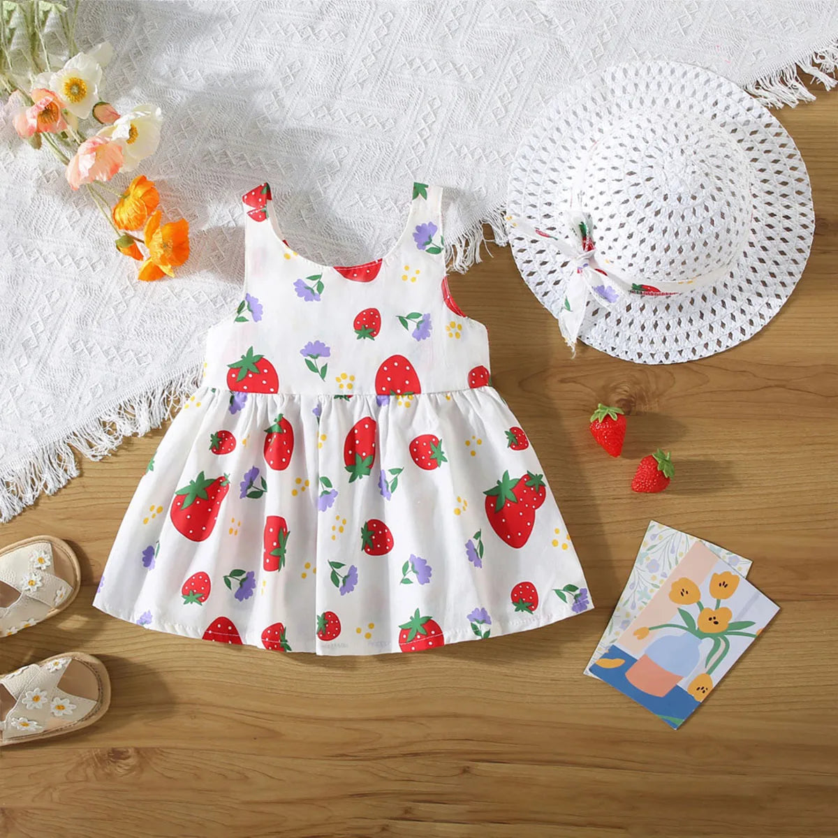 MOMSTAG Summer Bow Cartoon Strawberry Dress Set (Girls)