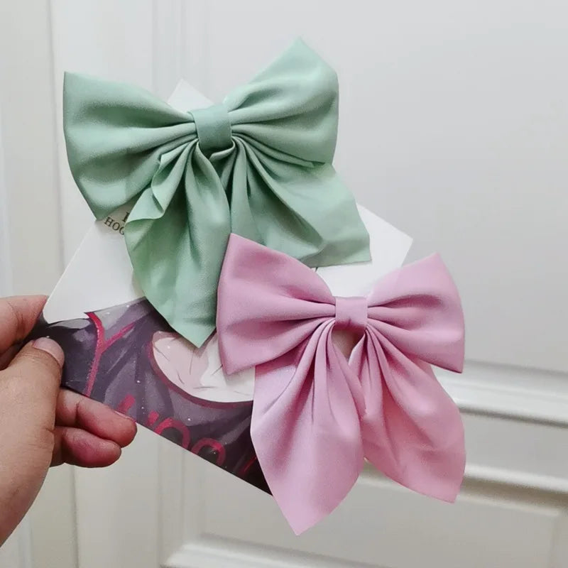 Solid Color Satin Bowknot Hair Clips For Girls