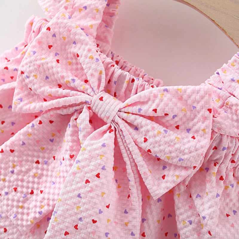 Toddler Girl Summer Set – Colorful Dot Flying Sleeve Top & Bow Shorts