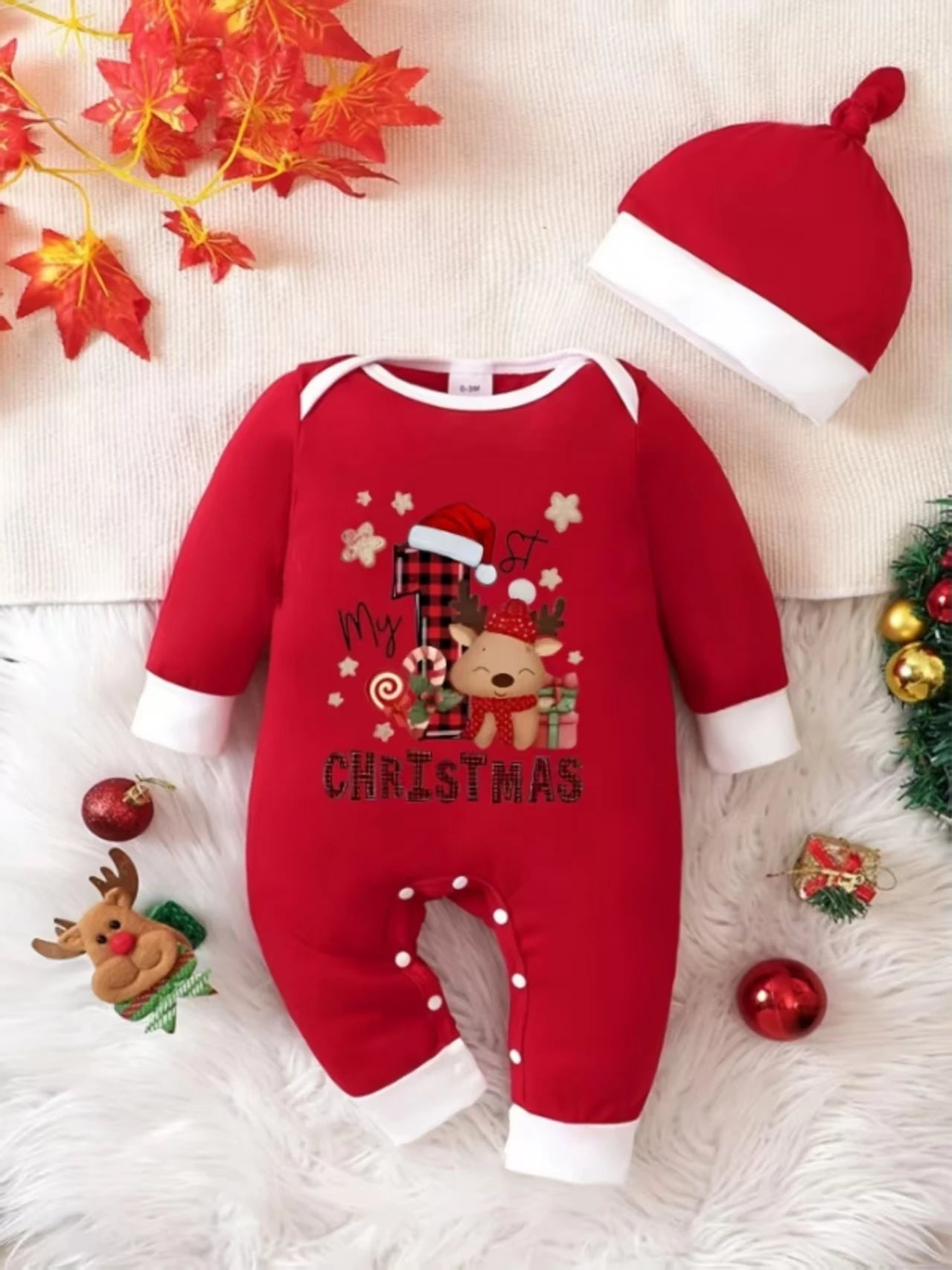 Christmas Cartoon Baby Romper & Hat Set