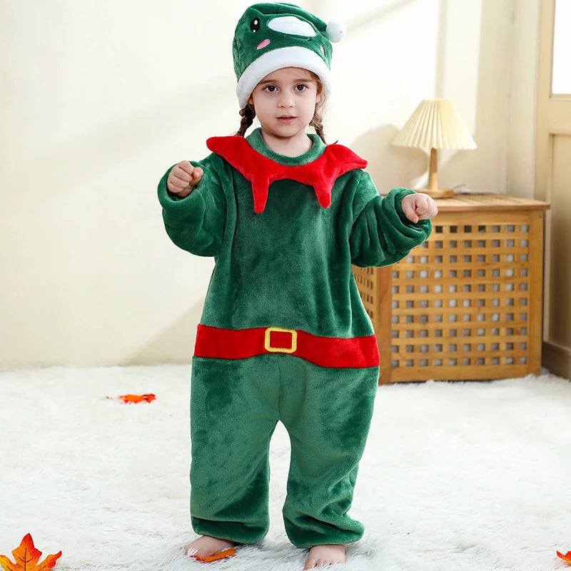 Elf Overalls Christmas Costume Green & Red Bodysuit Toddlers