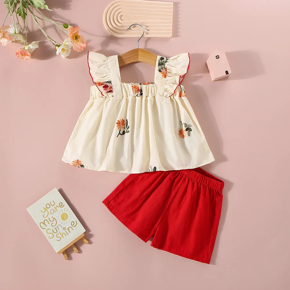 Toddler Girl Summer Set – Cotton Floral Flying Sleeve Top & Shorts