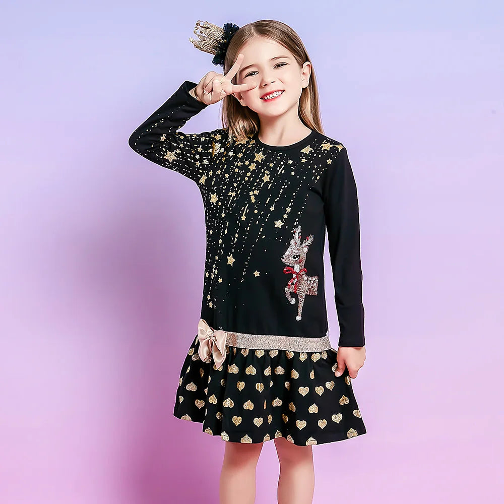 Gold Elk Christmas Heart Sequin Girls Dress