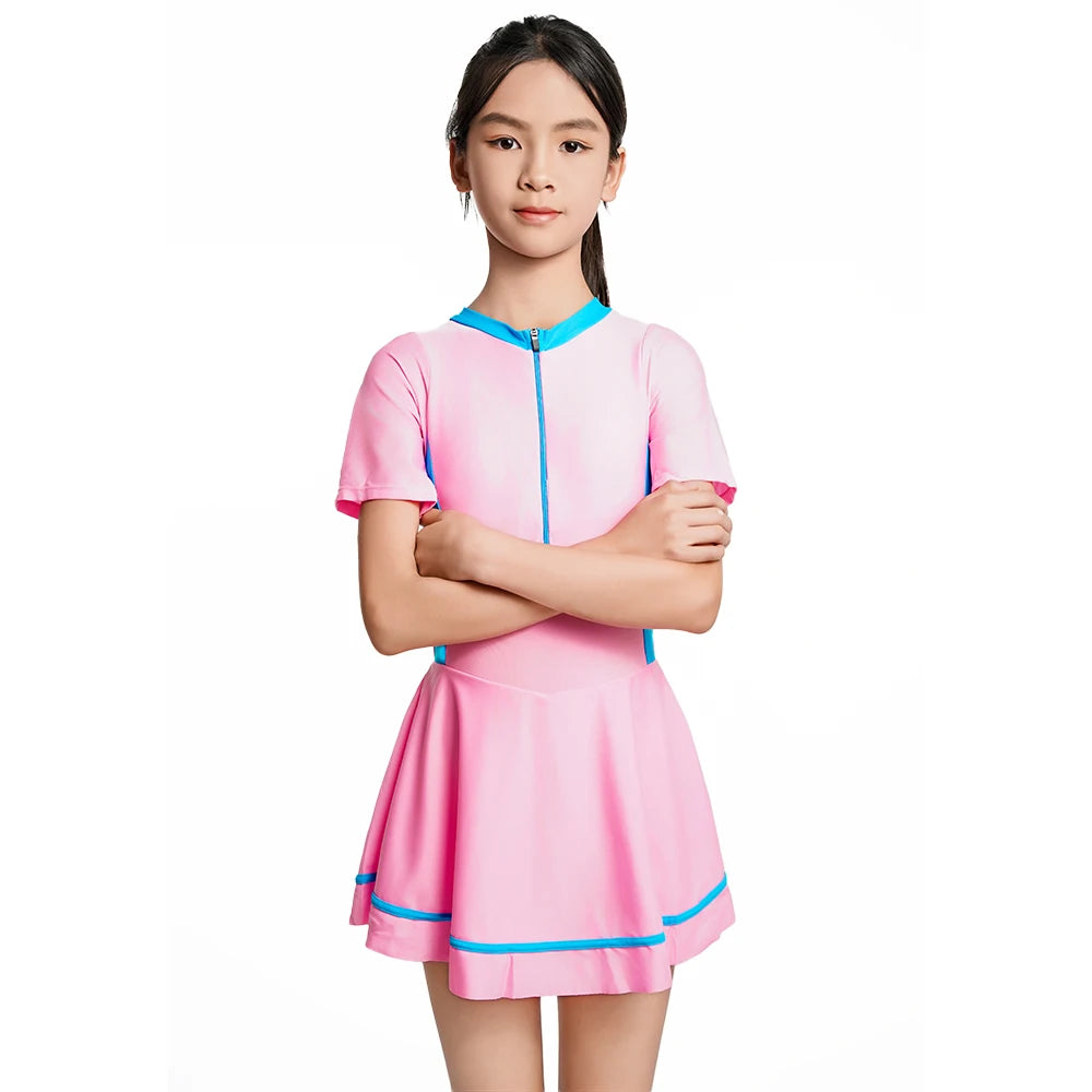 Girls One Piece Swimsuit Short Sleeve Zipper Swimwear