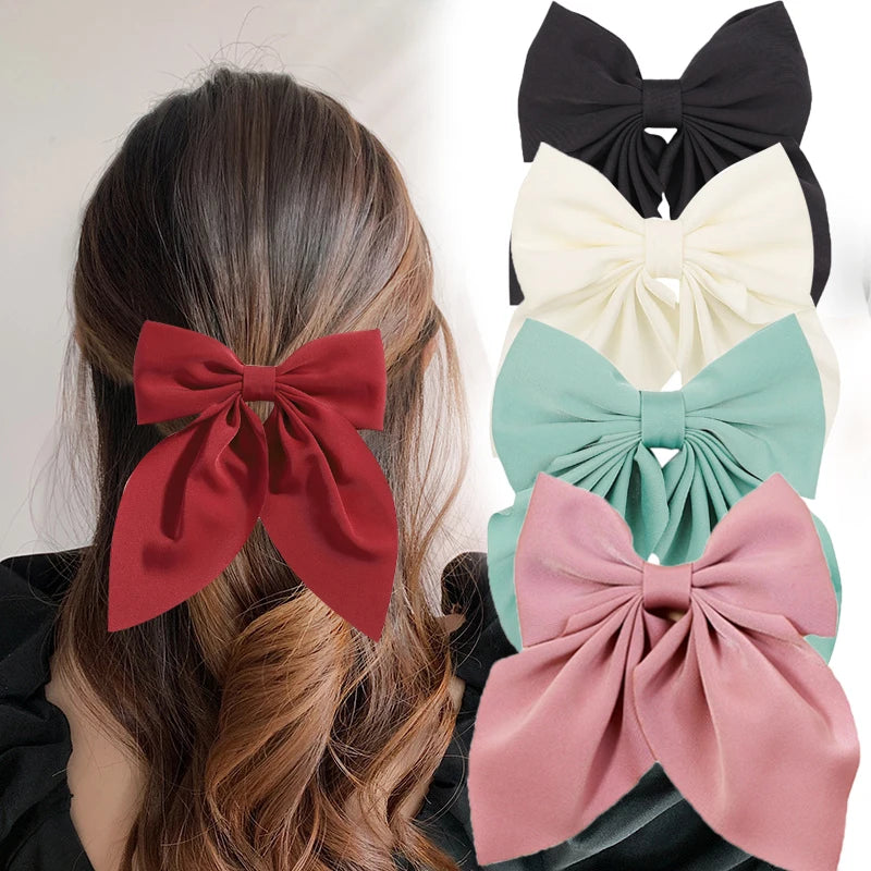 Solid Color Satin Bowknot Hair Clips For Girls