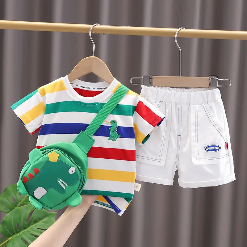 Cartoon Dinosaur O-neck T-shirt+Shorts+Bag for Toddler Boys