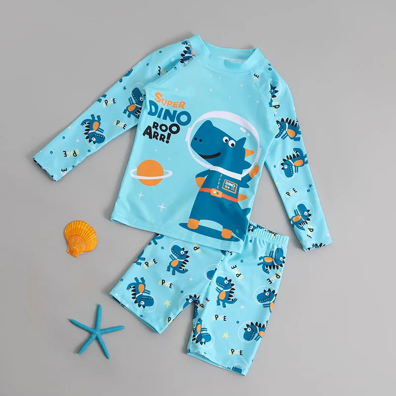 Kids’ Cartoon Swimwear Set – Long Sleeve Sun Protection Bathing Suits for Boys & Girls