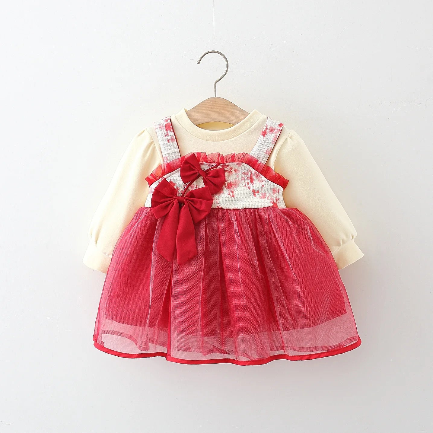 Baby Girl Princess Dress – Red Bowtie Mesh Outfit for Spring & Autumn (1Y)