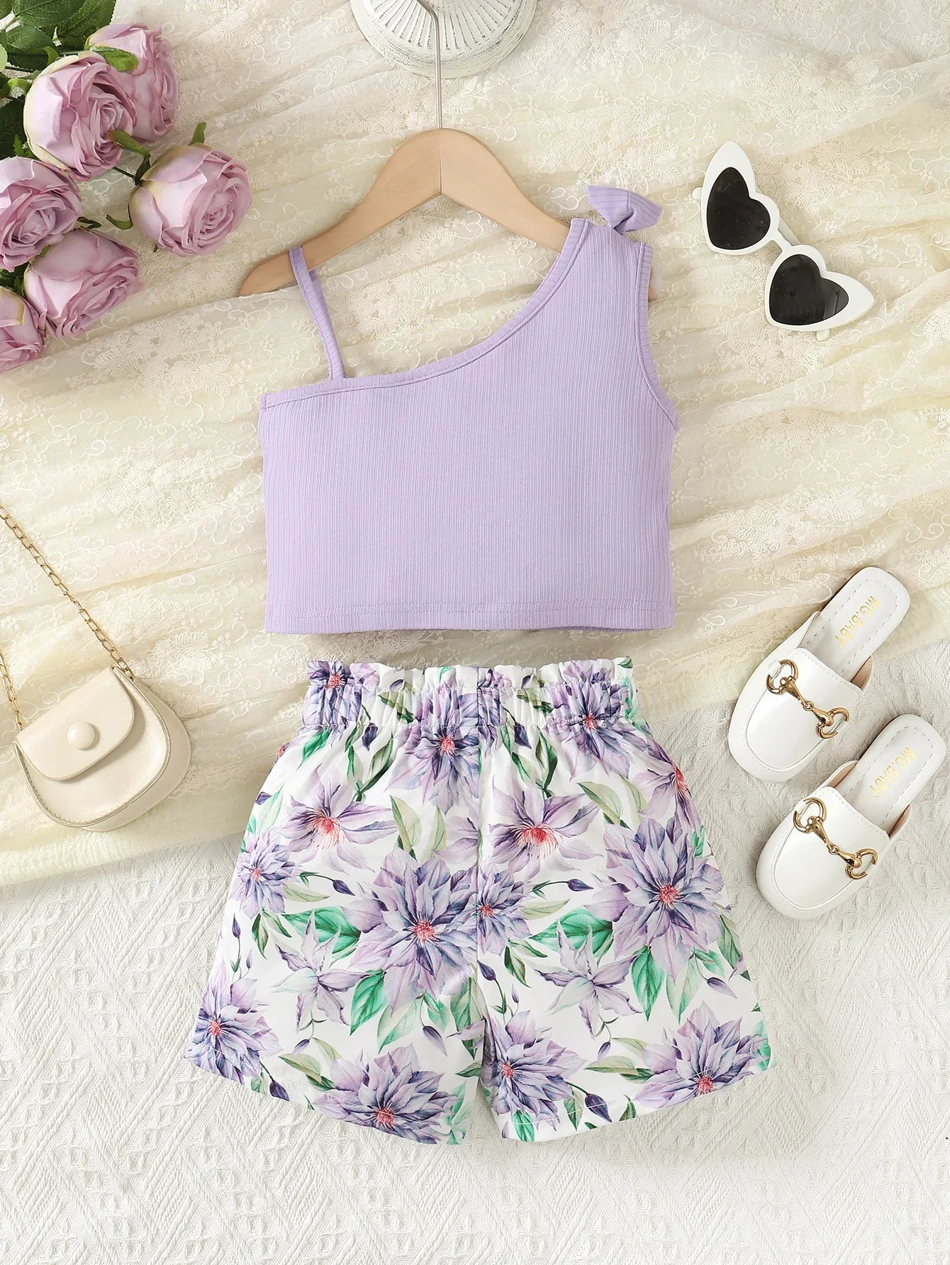 2-Piece Suspenders Top with Bow & Floral Shorts (For Girls 1-8 Years)