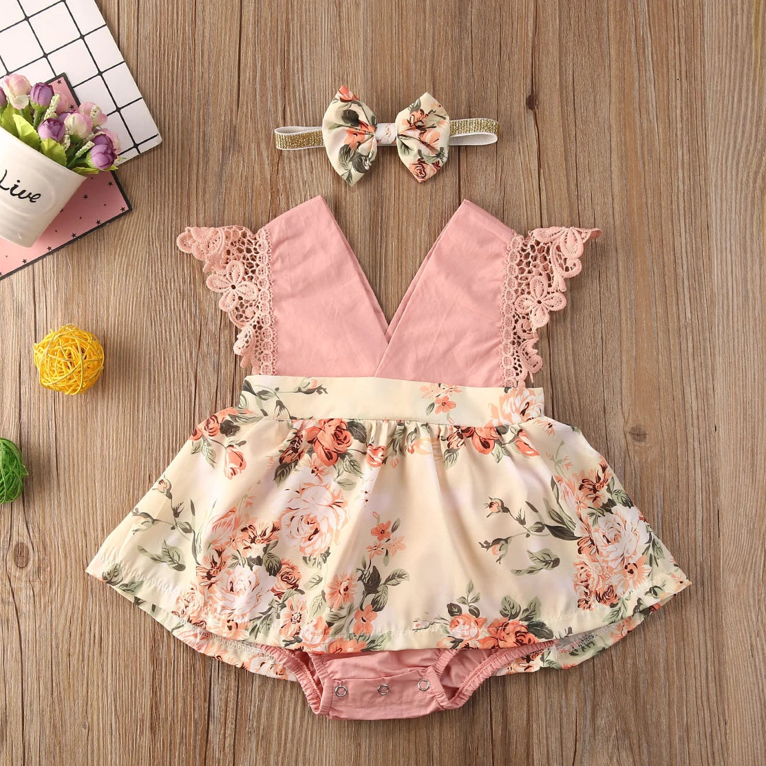 2-Piece Newborn Lace Dress & Princess Skirt with Red Flower Design (0-24M)