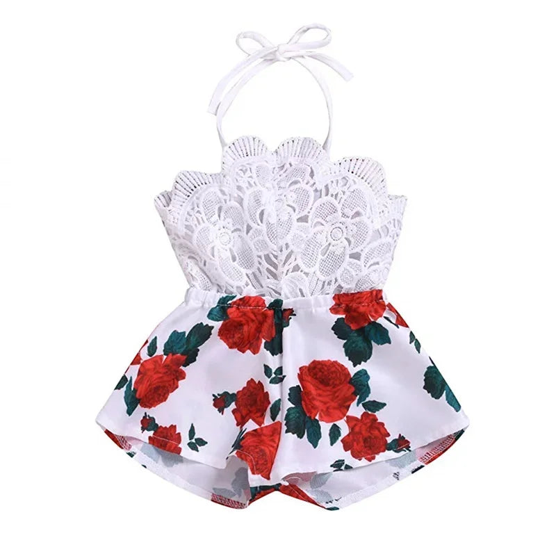 Newborn Baby Girl Summer Outfit – Sleeveless Lace Romper, Floral Print One-Piece Jumpsuit
