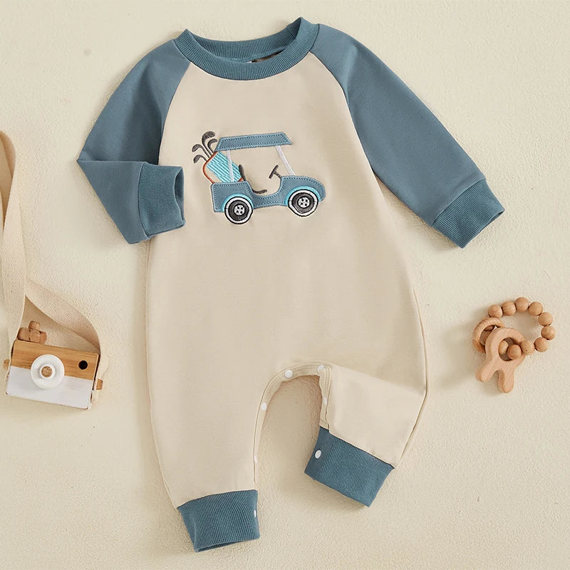 Baby Boy Autumn Romper – Golf Cart Embroidered Long Sleeve Jumpsuit