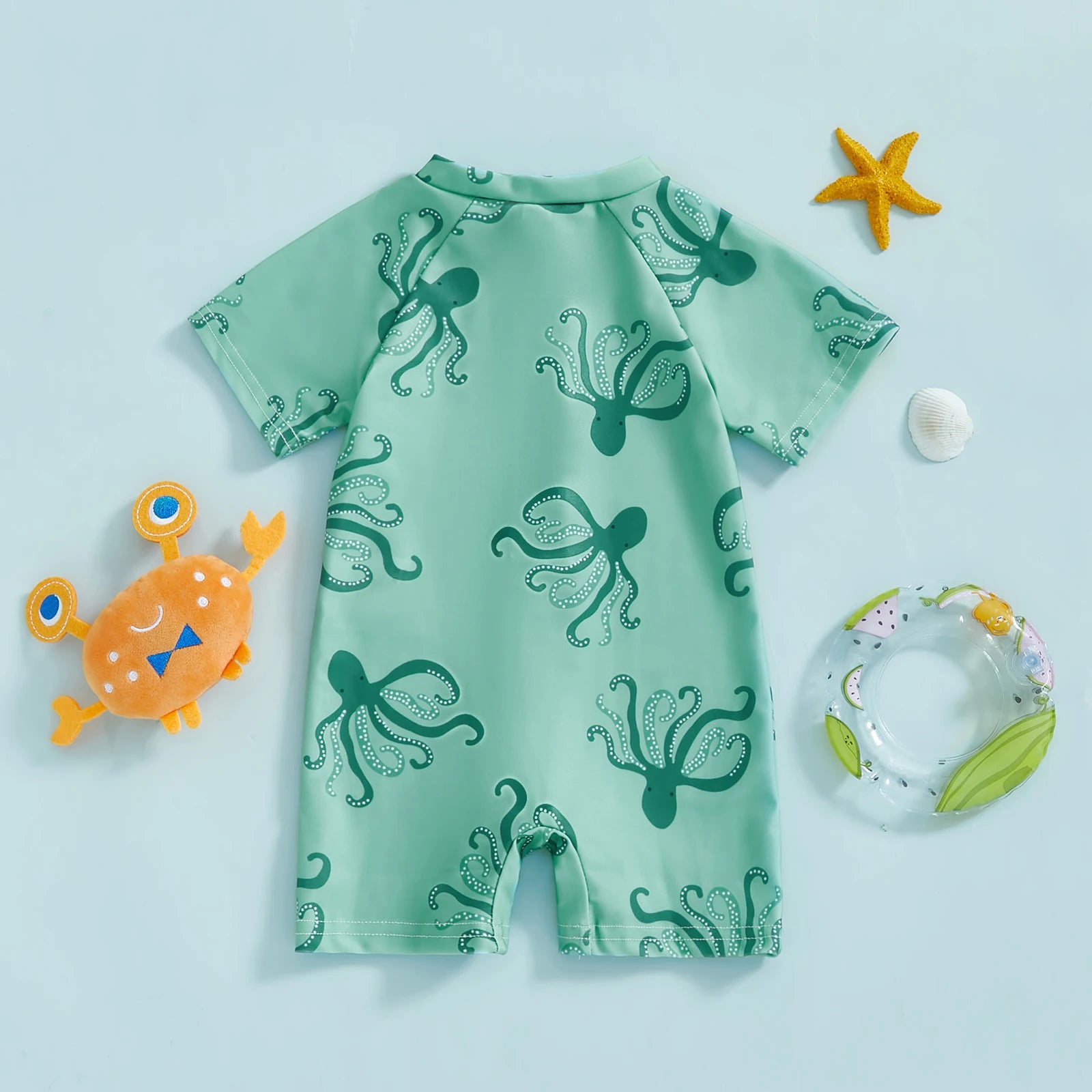 Cute Octopus Print Zip-Up Short Sleeve Swimwear