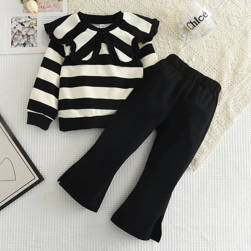 Menoea Long SleeveAutumn and Winter New Large Lapel Pleated Stripe Top+Bell-bottoms Two Piece Girls' Set