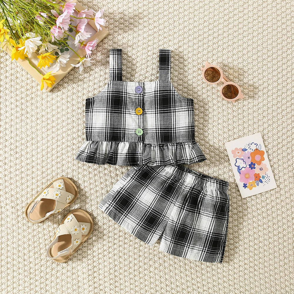 Summer Baby Girl Set – Cotton Colored Plaid Suspender Top & Shorts with Lace Flying Sleeves (Beach Two-Piece)
