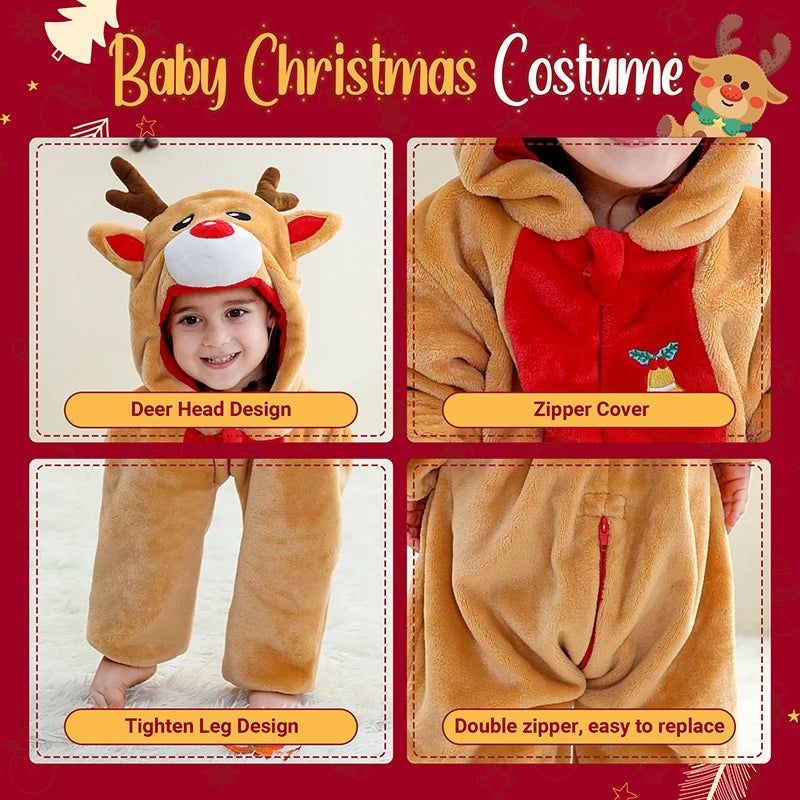 Baby Deer Christmas Romper with Antlers Flannel Jumpsuit