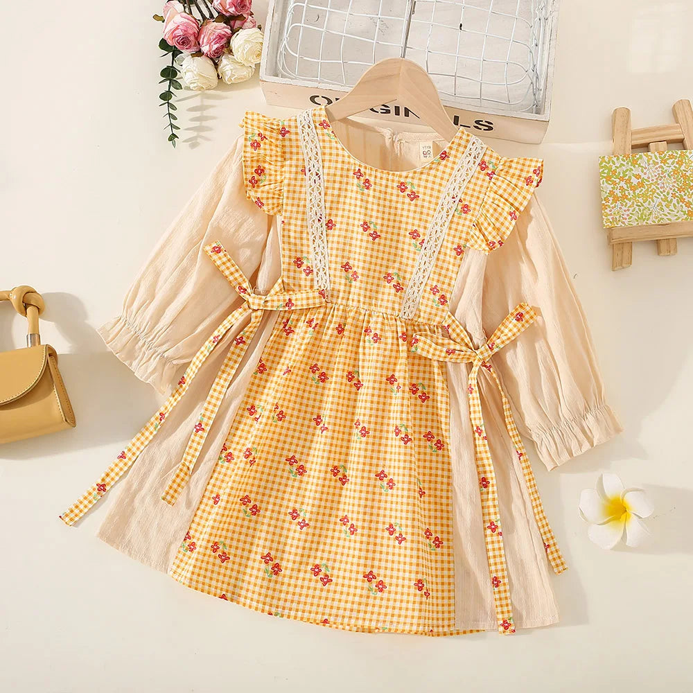 Baby Girl Plaid Floral Dress – Long-Sleeve Princess Outfit for Spring & Autumn, Countryside Style Birthday Party Dress