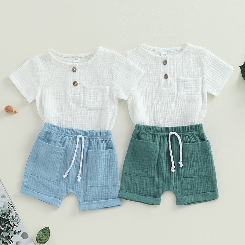 Short-Sleeve Button-Down Top with Pocket & Solid Color Shorts (0-3Y)