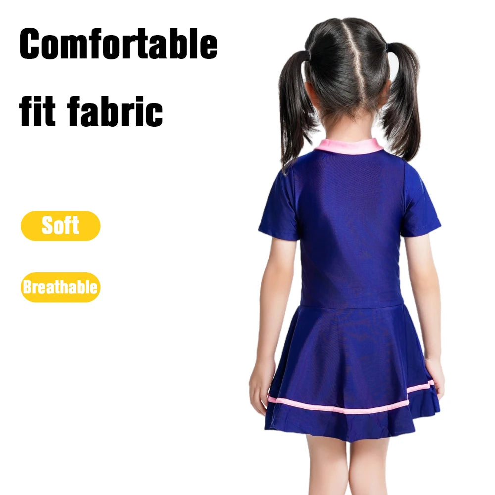 Girls One Piece Swimsuit Short Sleeve Zipper Swimwear