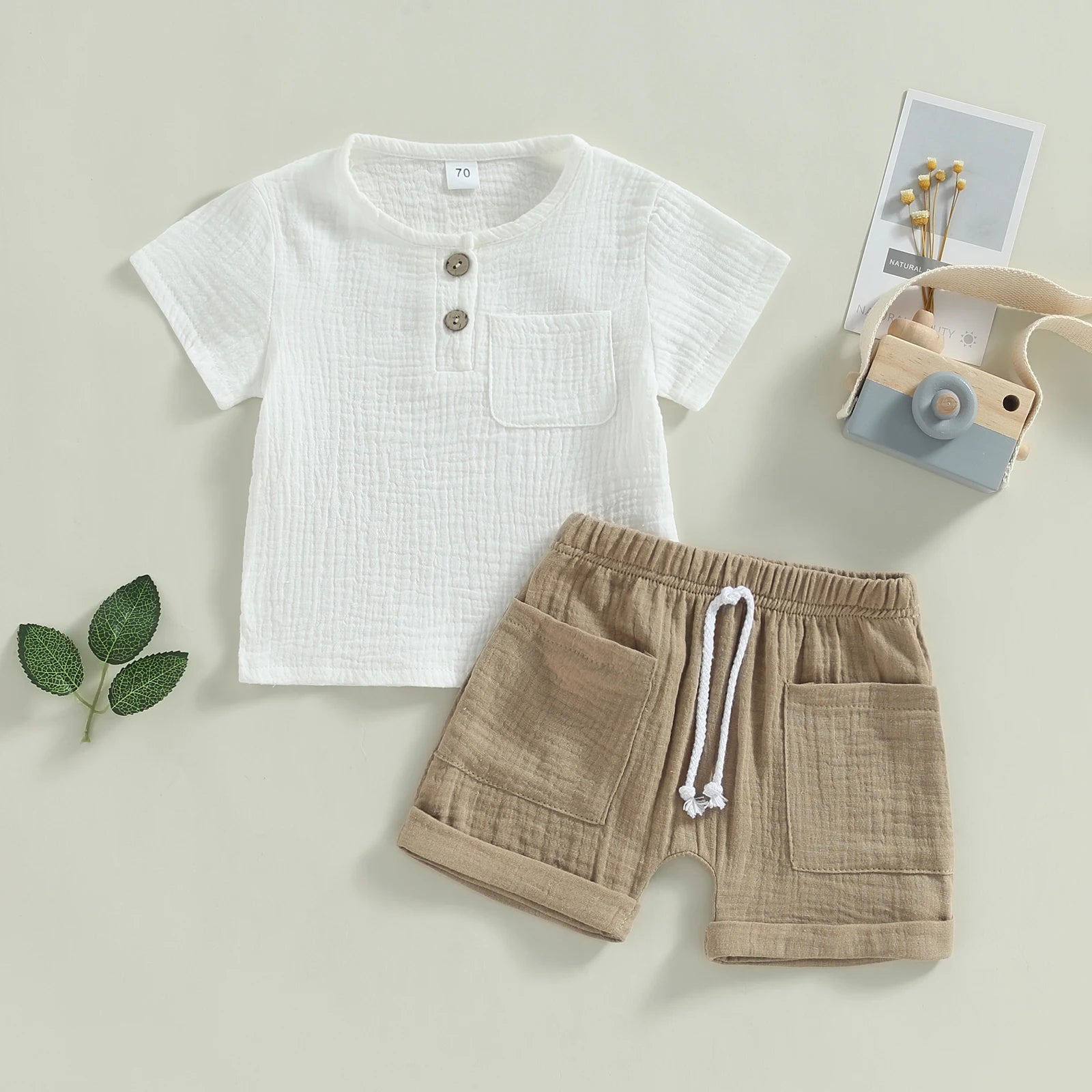Short-Sleeve Button-Down Top with Pocket & Solid Color Shorts (0-3Y)