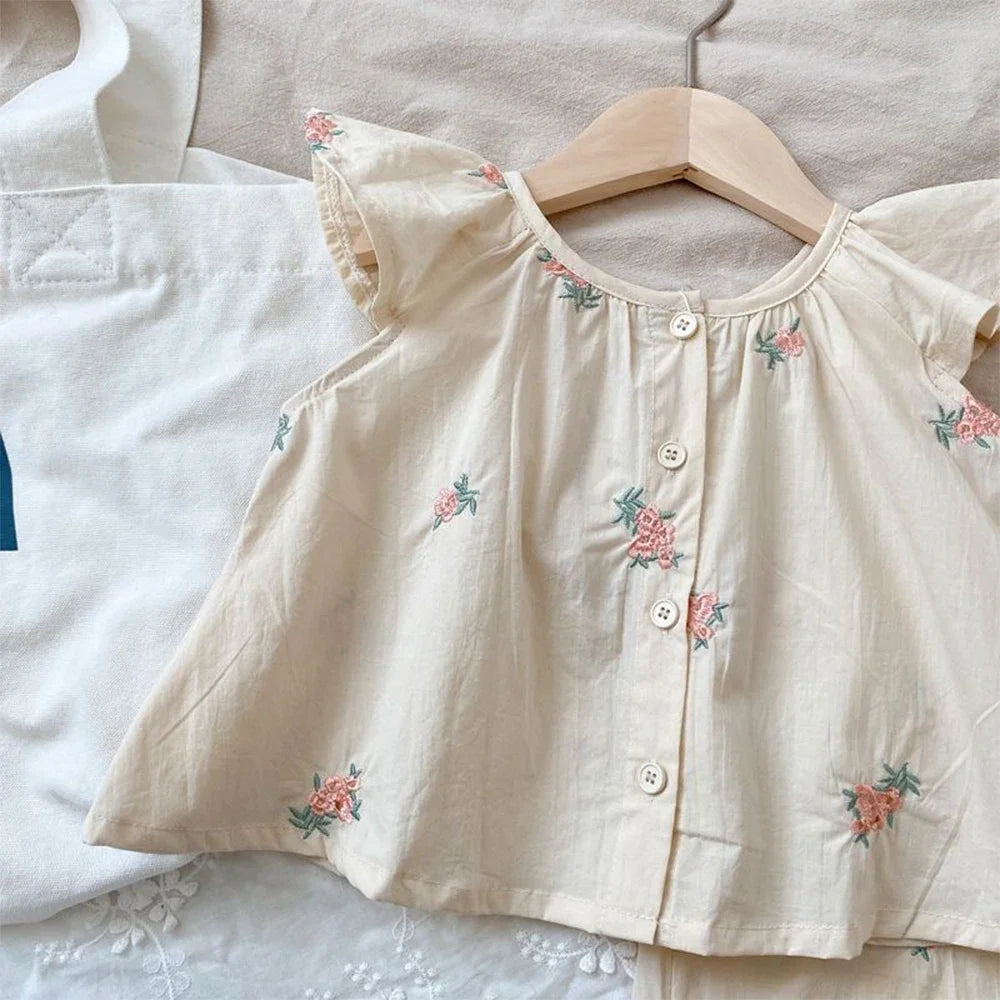 Floral Print Flying Sleeve Top & Shorts, Cute Two-Piece Refreshing Outfit for Little Girls