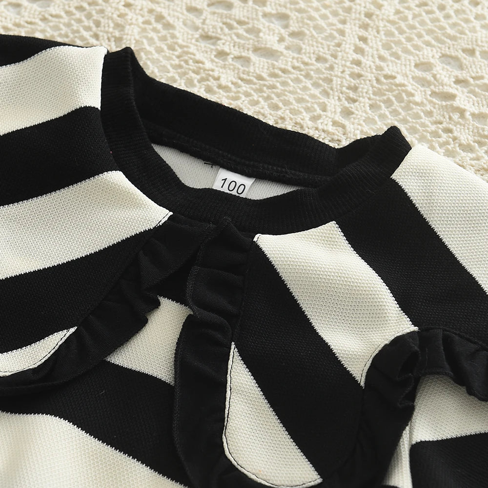 Menoea Long SleeveAutumn and Winter New Large Lapel Pleated Stripe Top+Bell-bottoms Two Piece Girls' Set