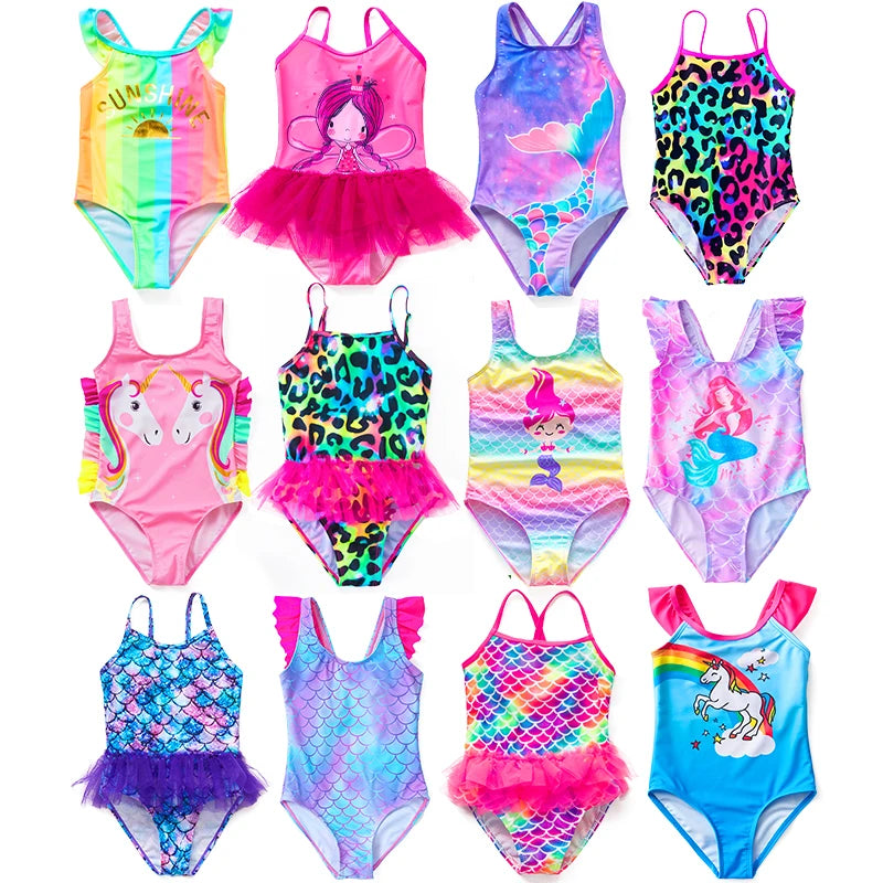 Mermaid Fish Scale Unicorn One-Piece Girls Swimwear for 4-8 Years