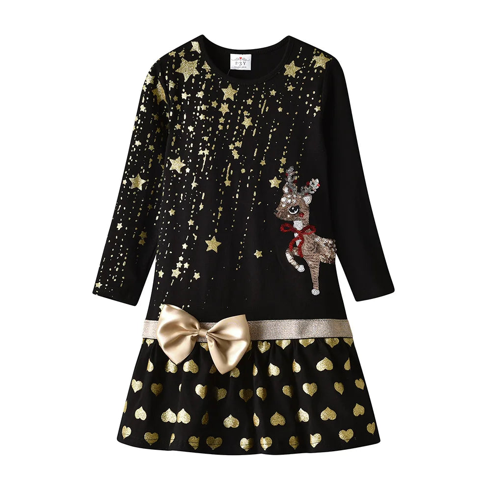 Gold Elk Christmas Heart Sequin Girls Dress