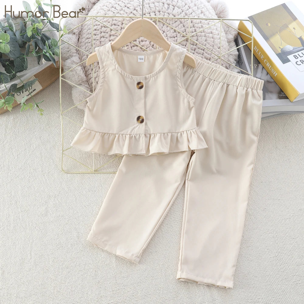 Girls Clothing Simple Sleeveless Set Button Vest Design +Beige Pants Kids Casual Suits