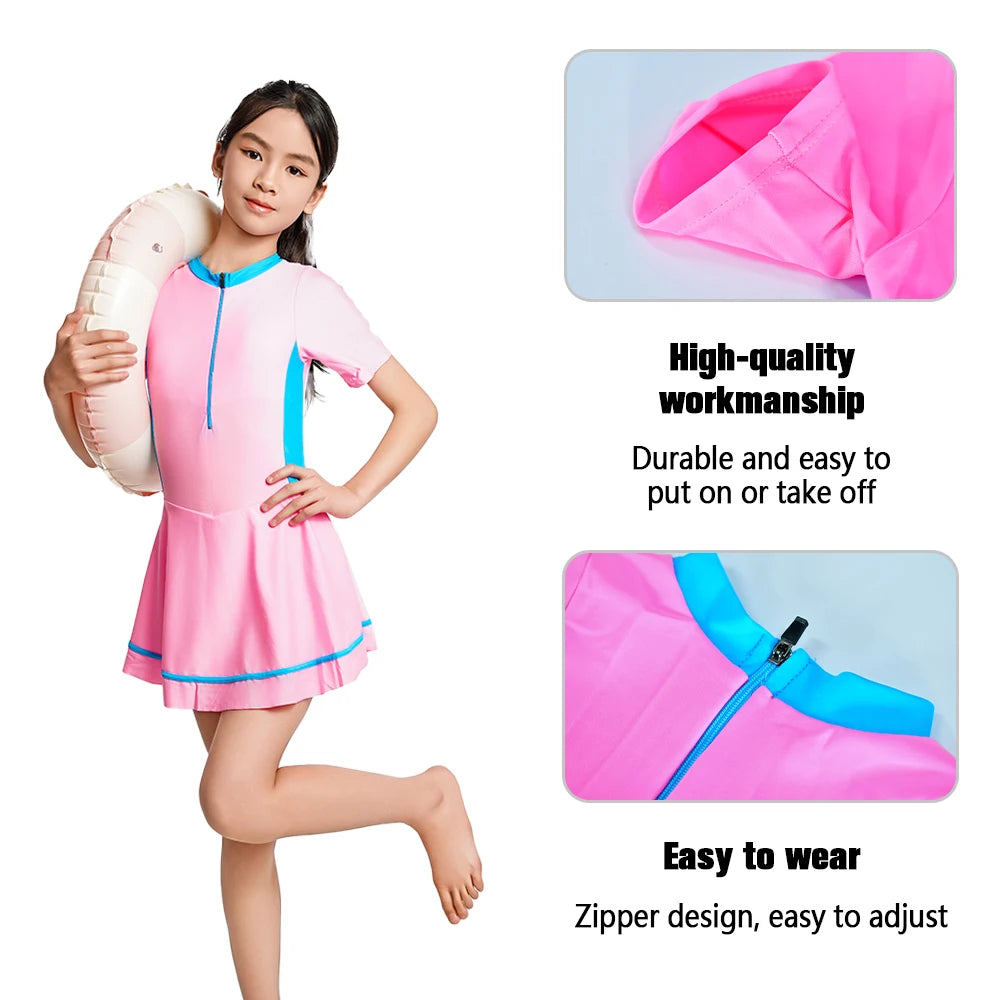 Girls One Piece Swimsuit Short Sleeve Zipper Swimwear