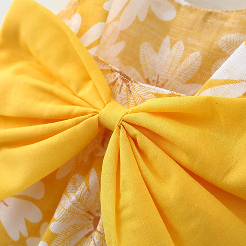 Small Daisy Print Bow Strap Dress with hat