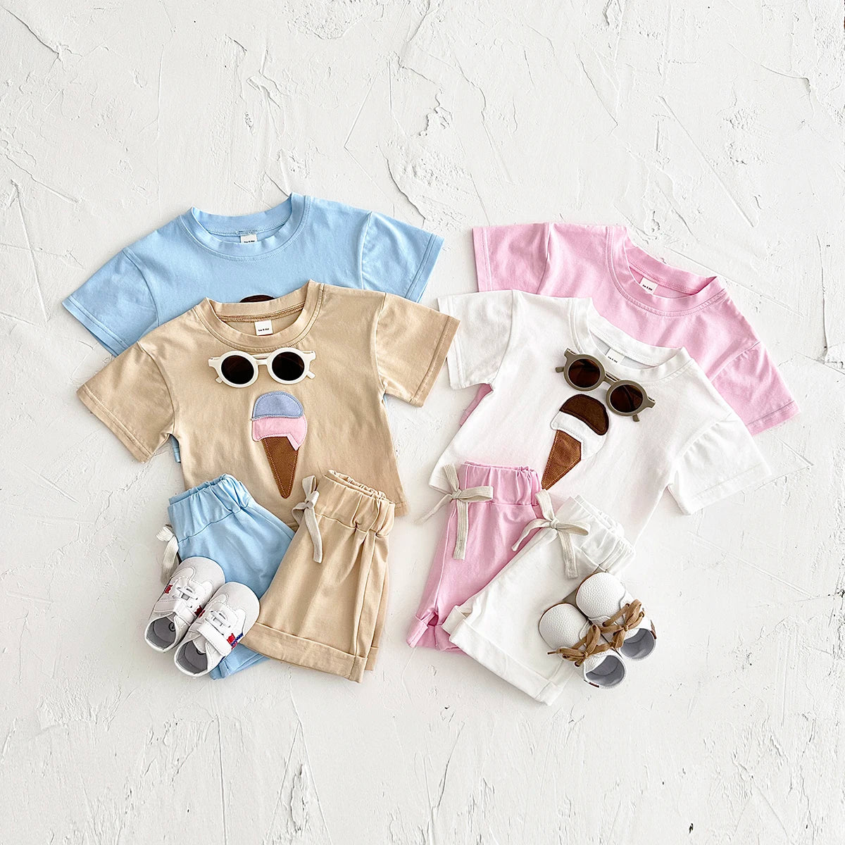 Baby Summer Outfit – 2-Piece Newborn Set, Ice Cream Print T-Shirt & Sports Shorts for Boys & Girls